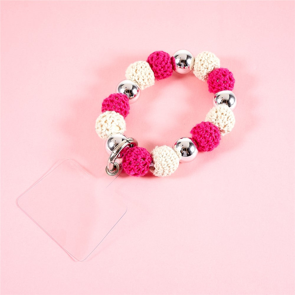 Universal Phone Wrist Strap Knitted Pompom Bead Anti-lost Phone Lanyard Bracelet - Red