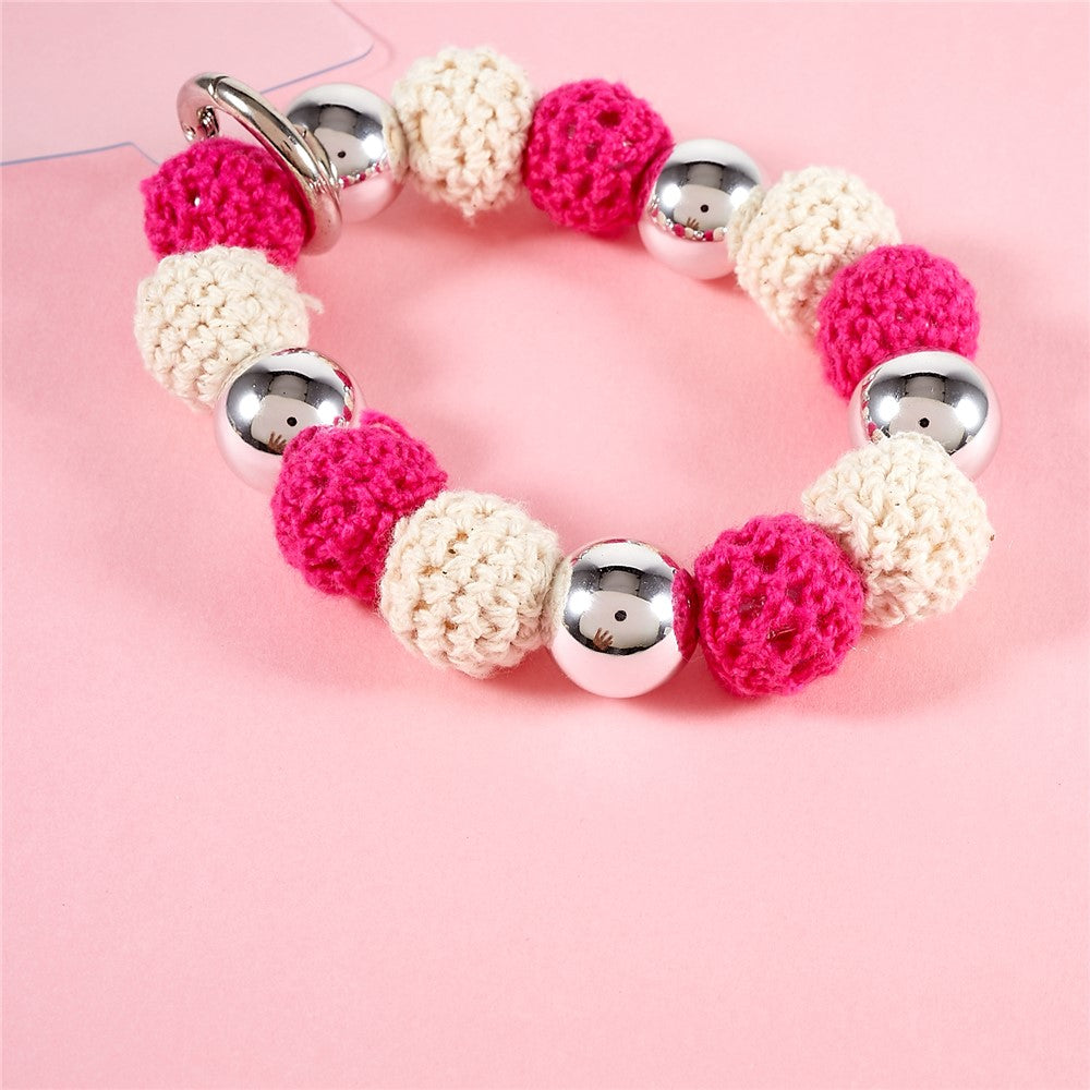 Universal Phone Wrist Strap Knitted Pompom Bead Anti-lost Phone Lanyard Bracelet - Red