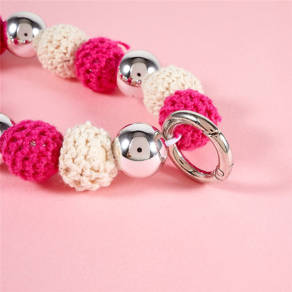 Universal Phone Wrist Strap Knitted Pompom Bead Anti-lost Phone Lanyard Bracelet - Red