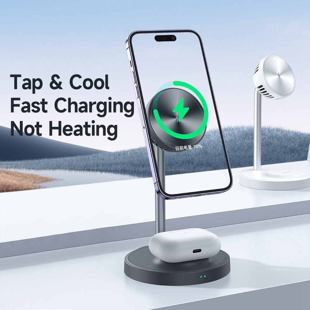 MCDODO CH-215 MDD Cooling Series 15W Wireless Charging 2-in-1 Magnetic Wireless Charger Desktop Holder Heat Dissipation Radiator Phone Stand - Grey - EOL - produktbillede 2
