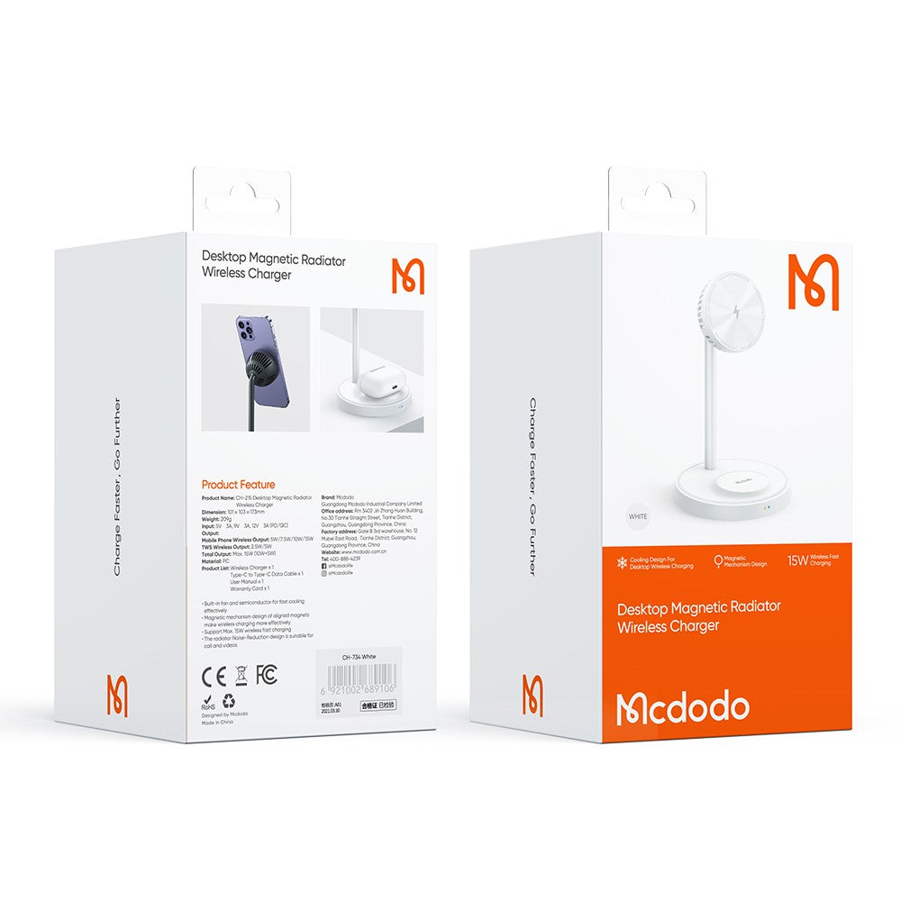 MCDODO CH-215 MDD Cooling Series 15W Wireless Charging 2-in-1 Magnetic Wireless Charger Desktop Holder Heat Dissipation Radiator Phone Stand - Grey - EOL - produktbillede 7
