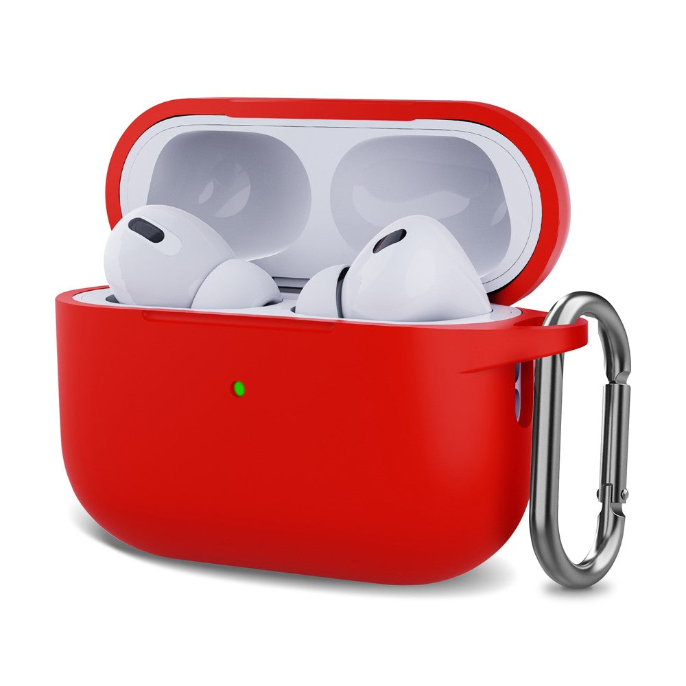 For AirPods Pro (Gen 2) (USB-C) / AirPods Pro 2 Bluetooth-compatible Earphone Silicone Case One-Piece Thickened Headphone Earbud Protective Cover with Anti-lost Buckle - Red