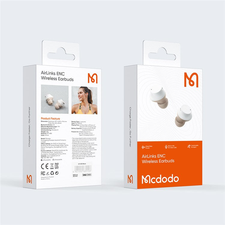 MCDODO HP-802-S1 TWS Wireless Bluetooth Sports Earphone Earbuds Waterproof Noise Cancelling Music Calling Headset - White - produktbillede 7