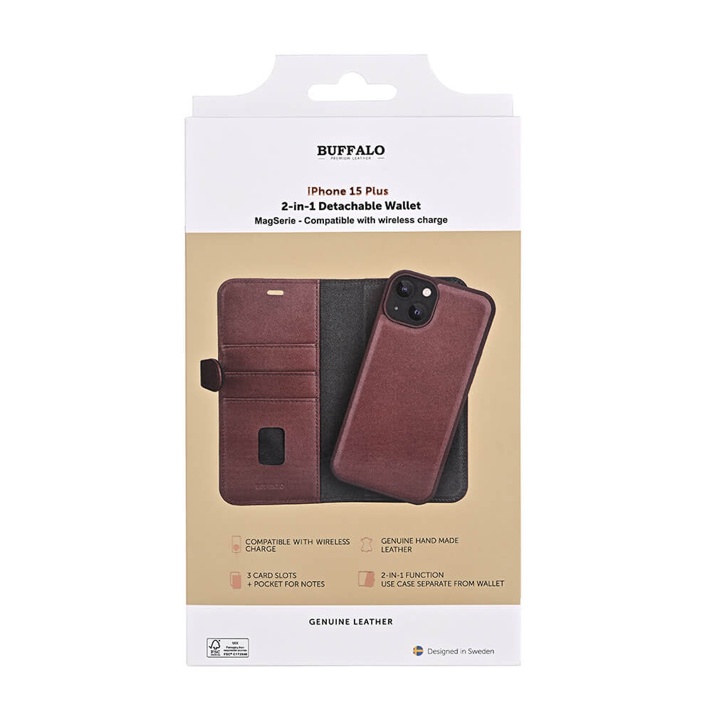iPhone 15 Plus Læder Cover med kortholder 2in1 3 Magserie – Brun – Buffalo