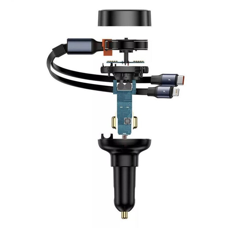 Enjoyment Pro 60W Car Charger USB Port Adapter with Type-C + iP Retractable Cable - Black