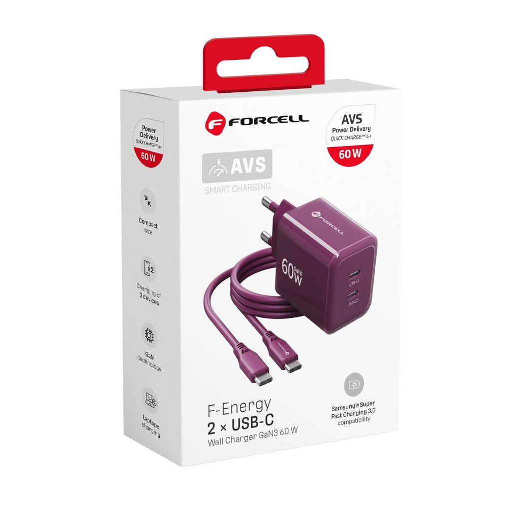 Phone charger Forcell F-Energy GaN III Crystal Color 2x USB C AVS SSFC3.0 60W + silicone cable USB C to USB C VT-60 burgund - billede 5