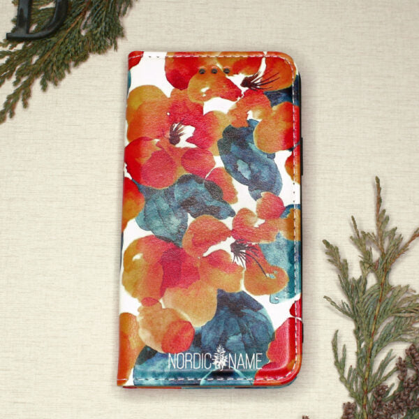 iPhone 12/12 Pro Wallet Flip Cover blomster – Orange