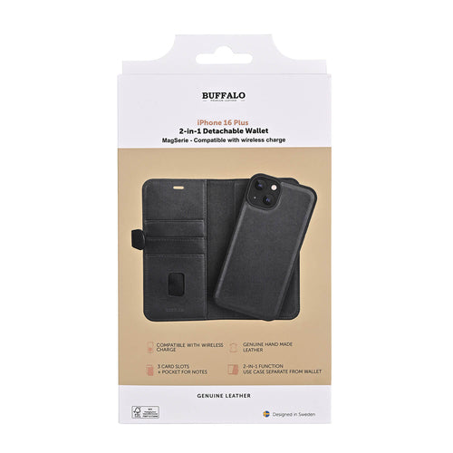 iPhone 16 Plus Læder Wallet Flip Cover 2 i 1 – Sort – Buffalo