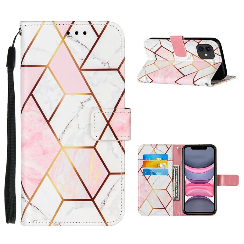 Wallet  Splicing Marble Pattern Stand Leather Protective Case with Lanyard for iPhone 11 6.1 inch - Pink