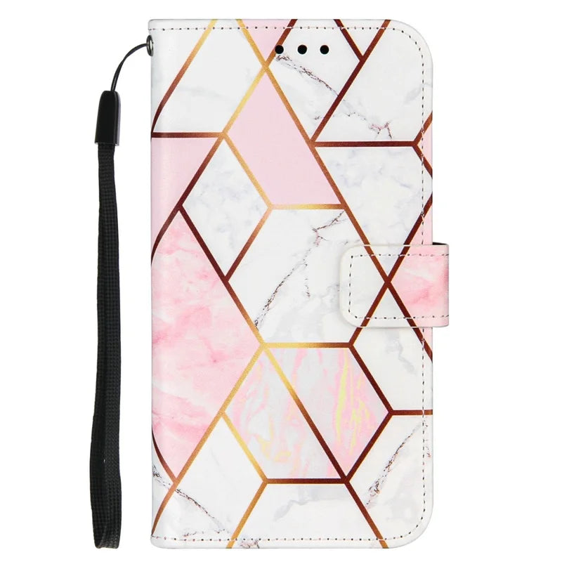 iPhone 11 Læder Wallet Flip Cover Stand Splicing Marble Pattern Lanyard – Pink