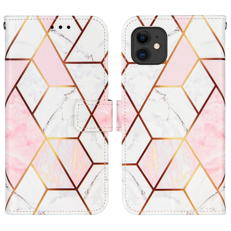 iPhone 11 Læder Wallet Flip Cover Stand Splicing Marble Pattern Lanyard – Pink