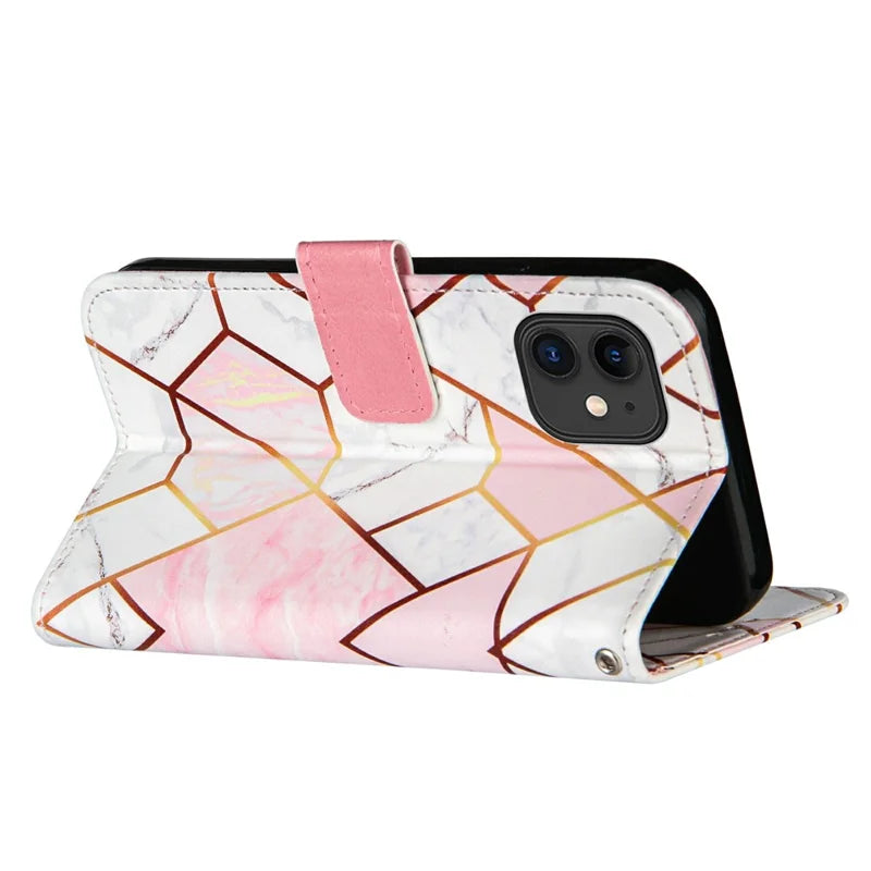 iPhone 11 Læder Wallet Flip Cover Stand Splicing Marble Pattern Lanyard – Pink
