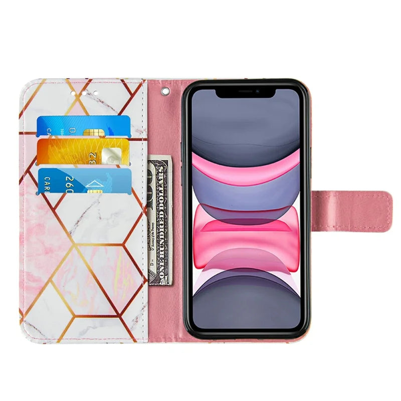 iPhone 11 Læder Wallet Flip Cover Stand Splicing Marble Pattern Lanyard – Pink