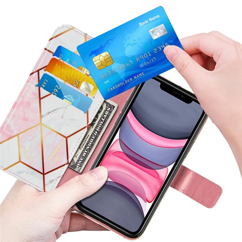 iPhone 11 Læder Wallet Flip Cover Stand Splicing Marble Pattern Lanyard – Pink