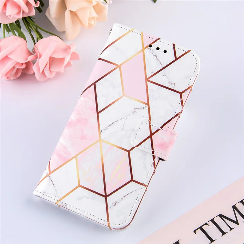 iPhone 11 Læder Wallet Flip Cover Stand Splicing Marble Pattern Lanyard – Pink