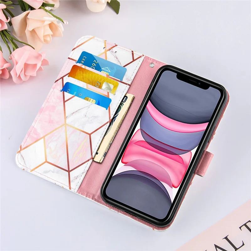 iPhone 11 Læder Wallet Flip Cover Stand Splicing Marble Pattern Lanyard – Pink