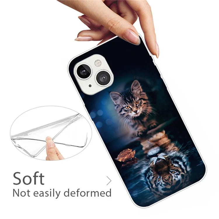 Pattern Printing Clear Design Soft TPU Anti-Scratch Protective Case for iPhone 13 mini 5.4 inch - Cat's Reflection