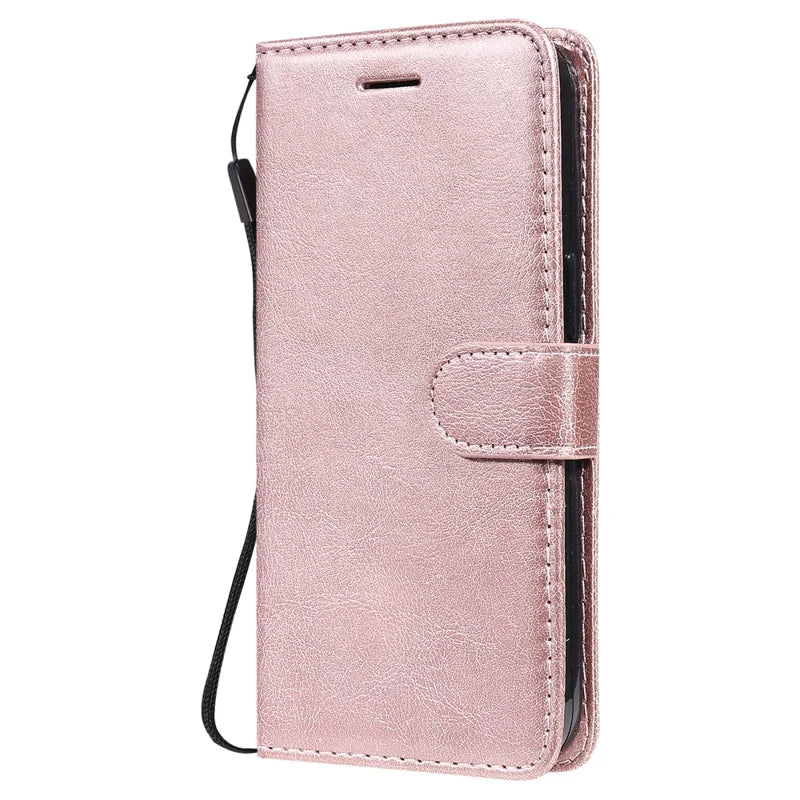 For iPhone 13 6.1 inch Case Solid Color Leather Mobile Cover Wallet Stand with Strap - Rose Gold