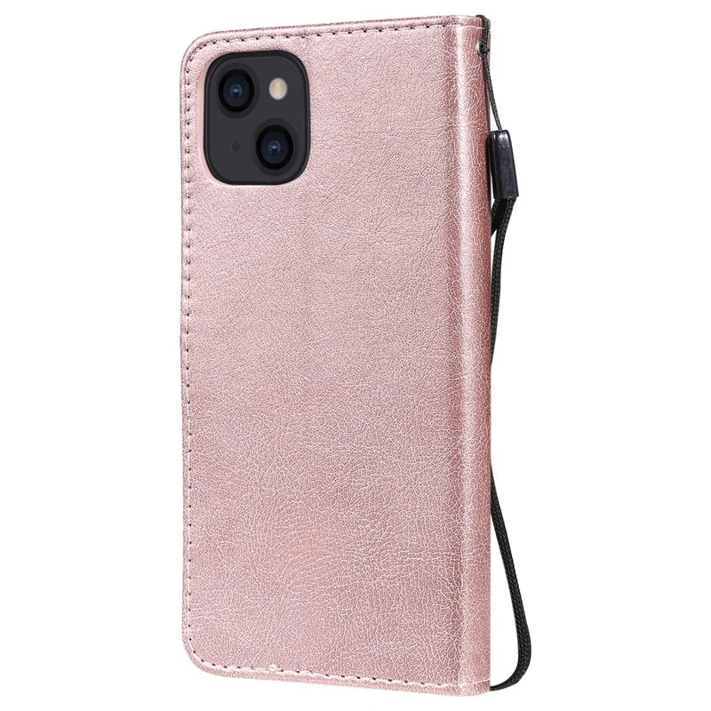 For iPhone 13 6.1 inch Case Solid Color Leather Mobile Cover Wallet Stand with Strap - Rose Gold