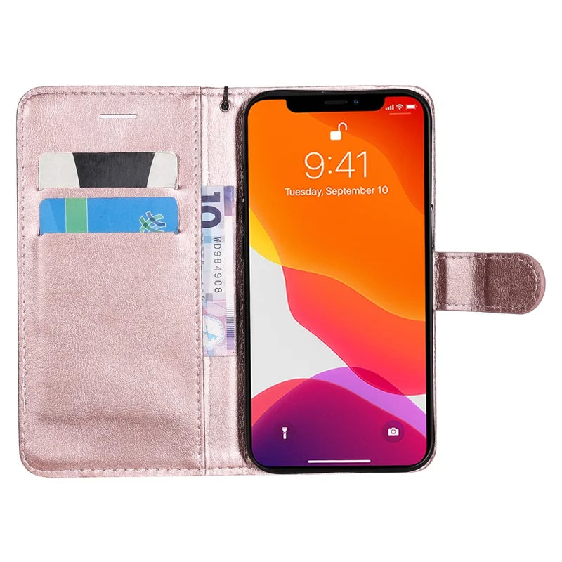 For iPhone 13 6.1 inch Case Solid Color Leather Mobile Cover Wallet Stand with Strap - Rose Gold
