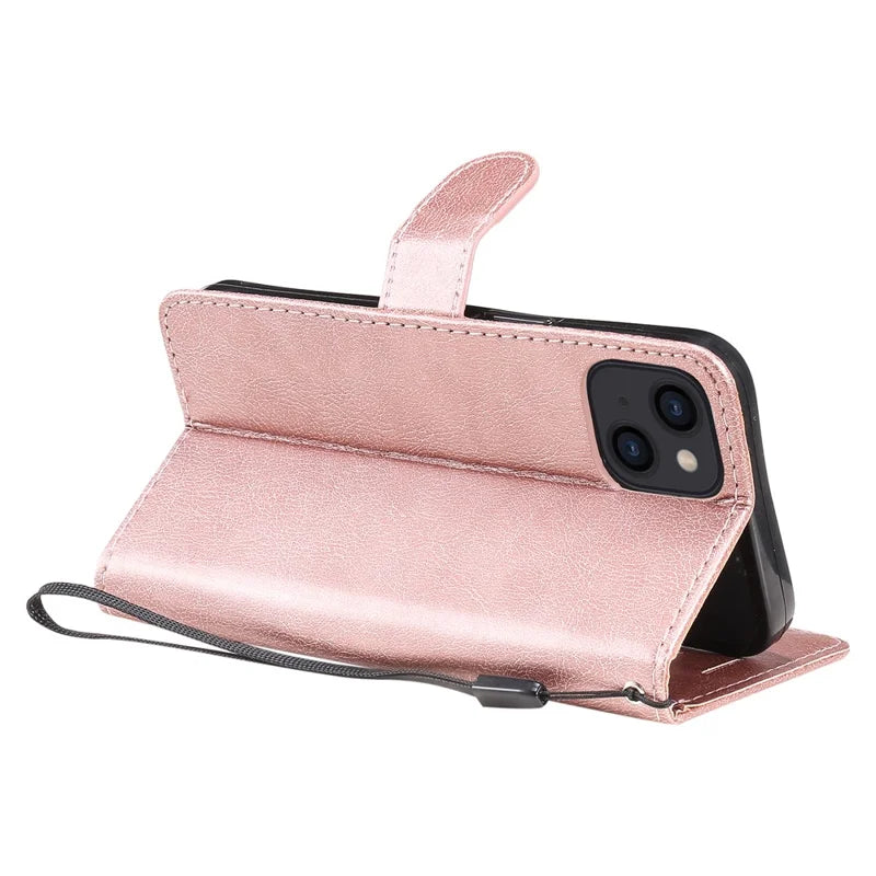 For iPhone 13 6.1 inch Case Solid Color Leather Mobile Cover Wallet Stand with Strap - Rose Gold