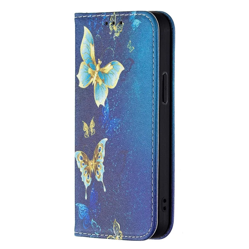 Pattern Printing Magnetic Auto-absorbed Leather Case Wallet Stand Phone Cover for iPhone 13 mini 5.4 inch - Golden Butterfly