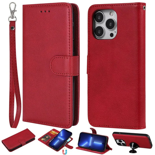 KT Leather Series-3 Detachable 2-in-1 Wallet Shockproof Magnetic Design Stand Leather Case for iPhone 13 Pro Max 6.7 inch - Red