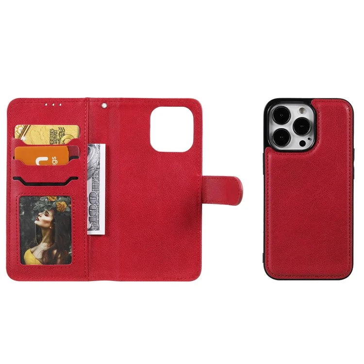 iPhone 13 Pro Max Læder Wallet Flip Cover Stand Series 3 Detachable 2 in 1 Shockproof Magnetic Design – Rød