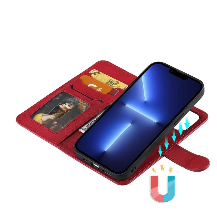 KT Leather Series-3 Detachable 2-in-1 Wallet Shockproof Magnetic Design Stand Leather Case for iPhone 13 Pro Max 6.7 inch - Red