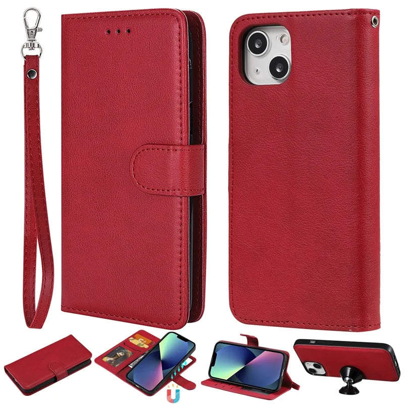 iPhone13 Rød 2i1 m/Strop aftagelig læder m/kortholder