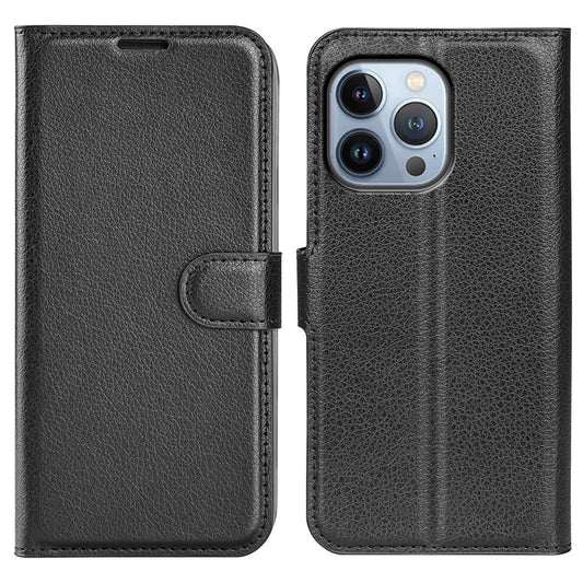 For iPhone 14 Pro Max 6.7 inch Litchi Texture PU Leather Cover All-Round Protection Stand Magnetic Flip Wallet Case - Black