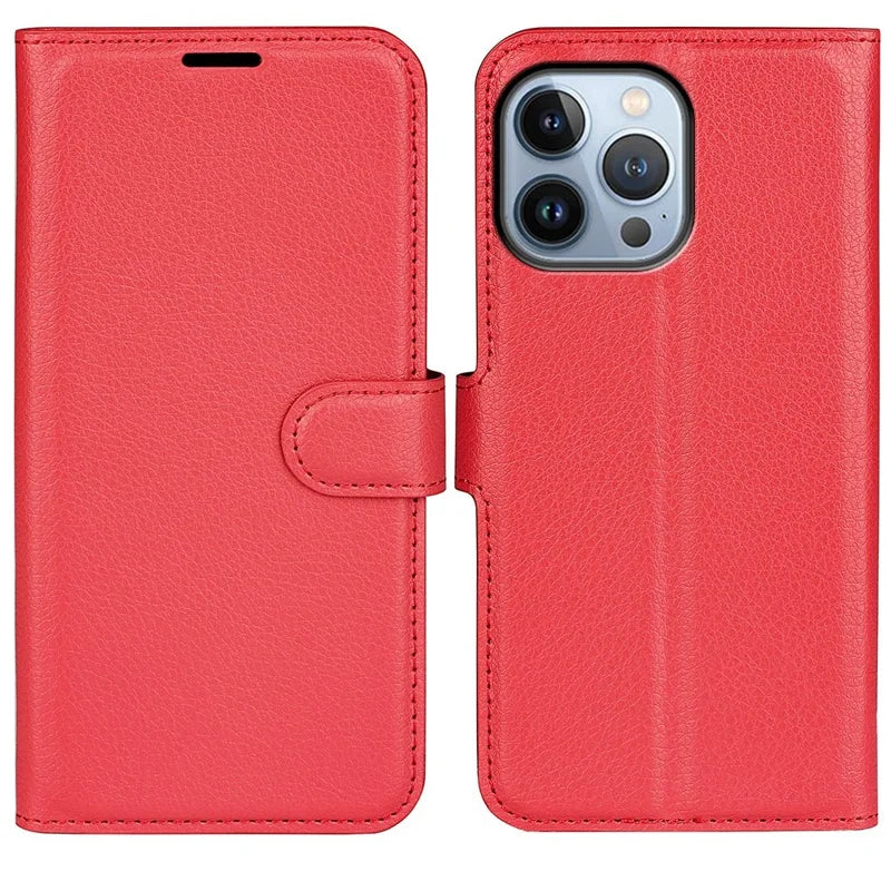 For iPhone 14 Pro Max 6.7 inch Litchi Texture PU Leather Cover All-Round Protection Stand Magnetic Flip Wallet Case - Red
