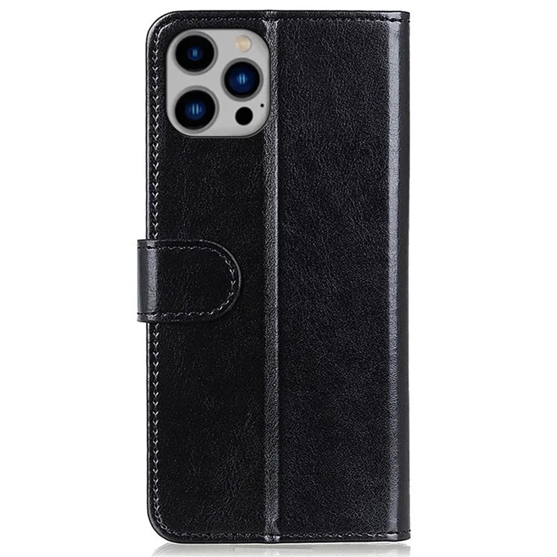 For iPhone 14 Plus 6.7 inch Crazy Horse Texture Phone Case Shockproof Stand Cover PU Leather Wallet Ant-drop Magnetic Protective Shell - Black
