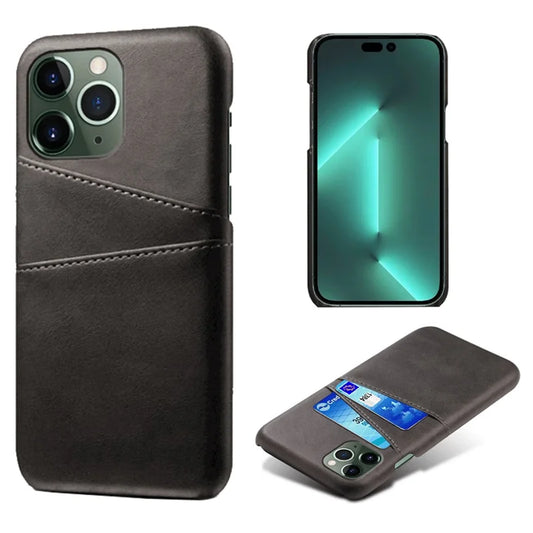 Phone Case for iPhone 14 Pro Max 6.7 inch Two Card Slots Shockproof Anti-drop PU Leather Coated Hard PC Cover - Black