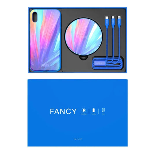 NILLKIN Fancy Tempered Glass Case for iPhone XS Max with Wireless Charger + 3 in 1 Cable Charging Gift Set - Blue