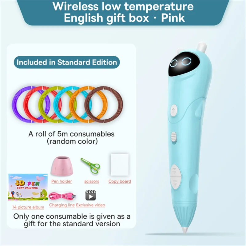 Low-Temperature 3D Printing Pen Professional Children Three-Dimensional Drawing Pen Wireless Portable 3D Drawing Pen - Baby Blue