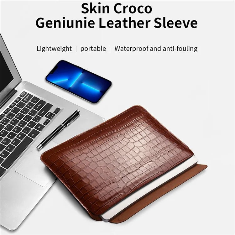 WIWU 16.2 inch Notebook Computer Pouch for MacBook Pro 2021 Crocodile Texture Genuine Leather Multifunction Mouse Pad - Brown