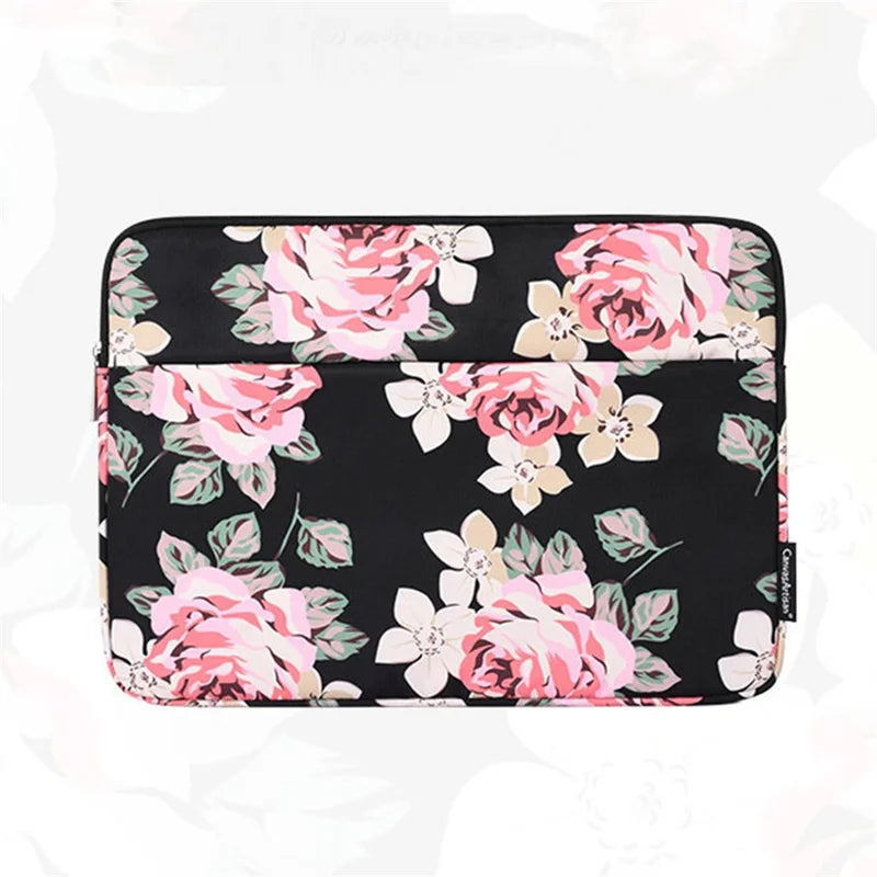 CANVASARTISAN H40-11 Shockproof Carrying Case for 14-inch Laptops Portable Storage Bag Rose Pattern Printed Sleeve Bag with Outer Pouch - Black