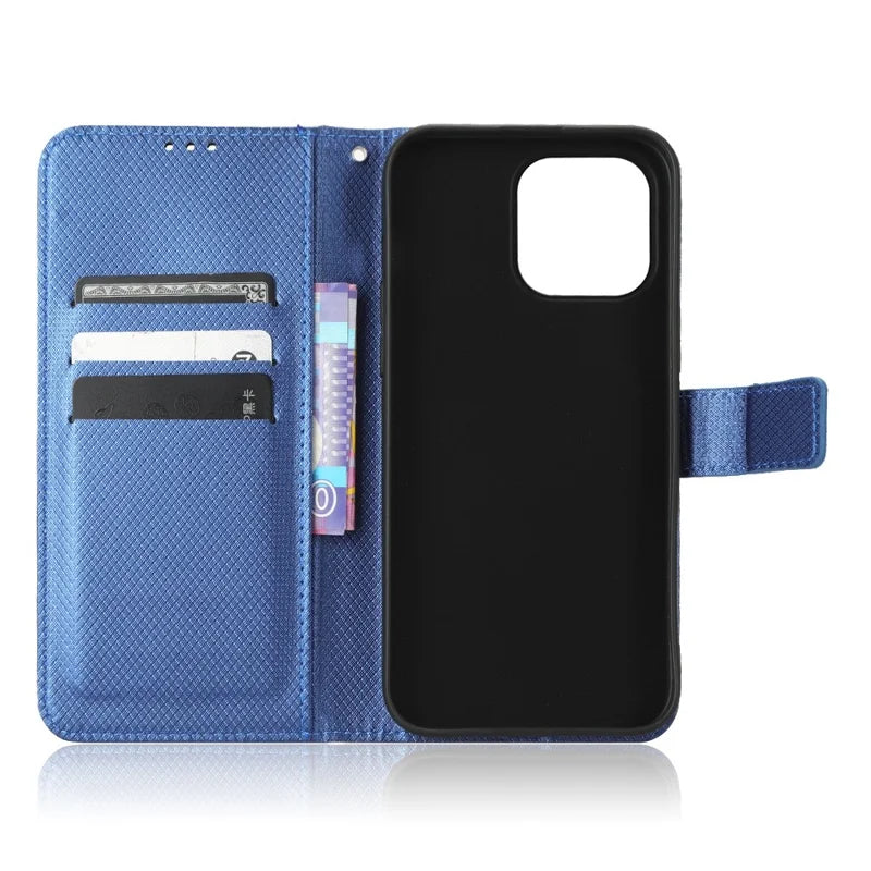 For iPhone 14 Pro Max 6.7 inch Diamond Texture Stand Wallet Leather Case Shockproof Phone Cover with Magnetic Clasp - Blue