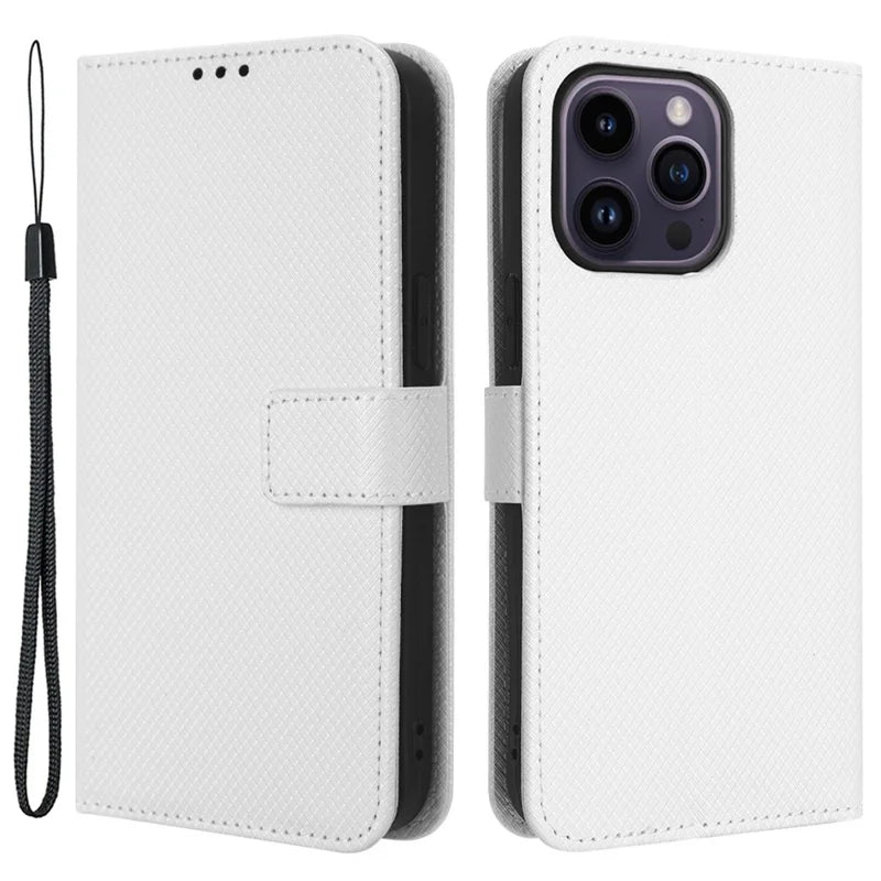 For iPhone 14 Pro Max 6.7 inch Diamond Texture Stand Wallet Leather Case Shockproof Phone Cover with Magnetic Clasp - White