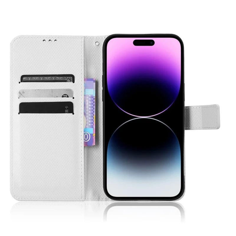 For iPhone 14 Pro Max 6.7 inch Diamond Texture Stand Wallet Leather Case Shockproof Phone Cover with Magnetic Clasp - White