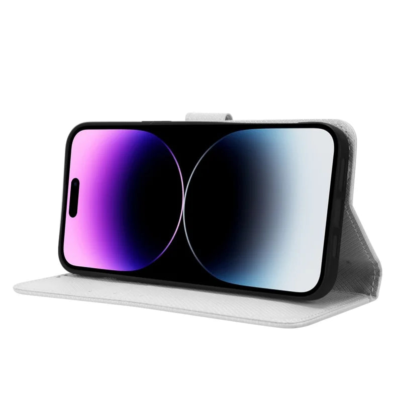 For iPhone 14 Pro Max 6.7 inch Diamond Texture Stand Wallet Leather Case Shockproof Phone Cover with Magnetic Clasp - White