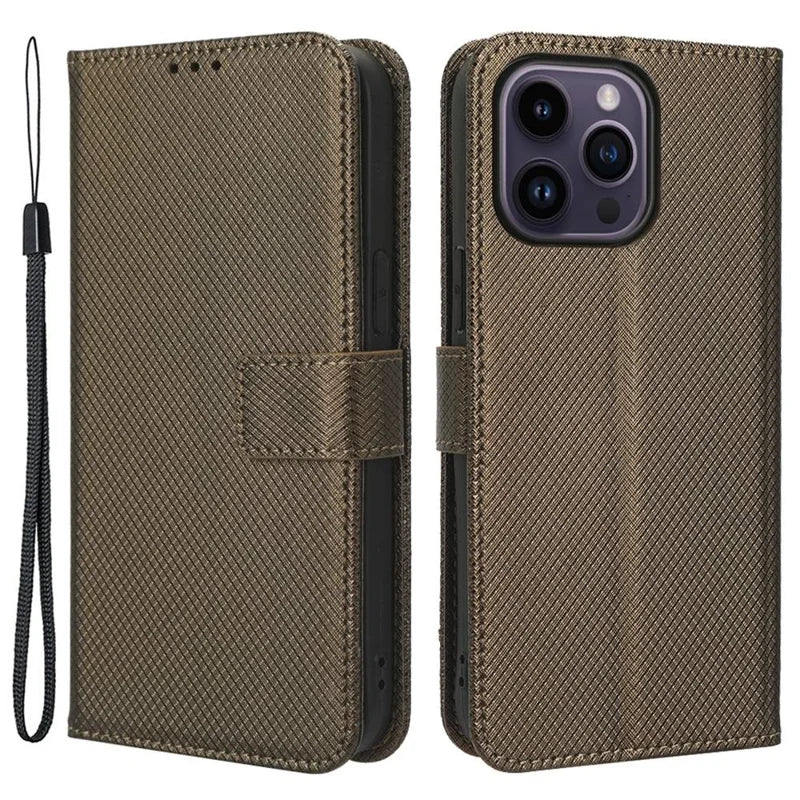 For iPhone 14 Pro Max 6.7 inch Diamond Texture Stand Wallet Leather Case Shockproof Phone Cover with Magnetic Clasp - Brown