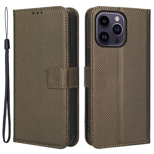 For iPhone 14 Pro Max 6.7 inch Diamond Texture Stand Wallet Leather Case Shockproof Phone Cover with Magnetic Clasp - Brown