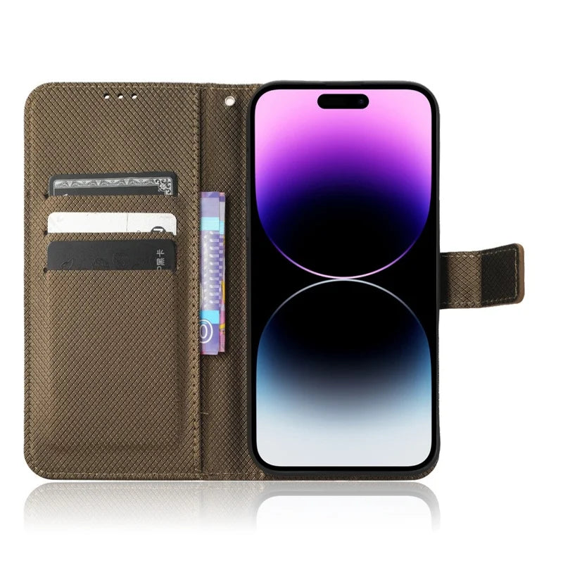 For iPhone 14 Pro Max 6.7 inch Diamond Texture Stand Wallet Leather Case Shockproof Phone Cover with Magnetic Clasp - Brown