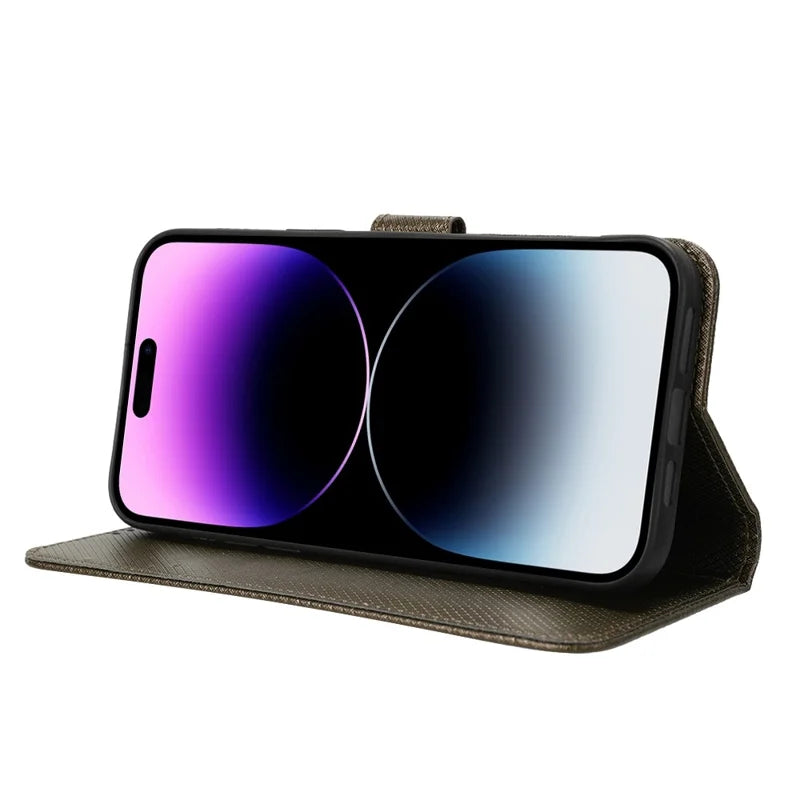 For iPhone 14 Pro Max 6.7 inch Diamond Texture Stand Wallet Leather Case Shockproof Phone Cover with Magnetic Clasp - Brown