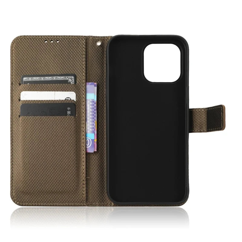 For iPhone 14 Pro Max 6.7 inch Diamond Texture Stand Wallet Leather Case Shockproof Phone Cover with Magnetic Clasp - Brown