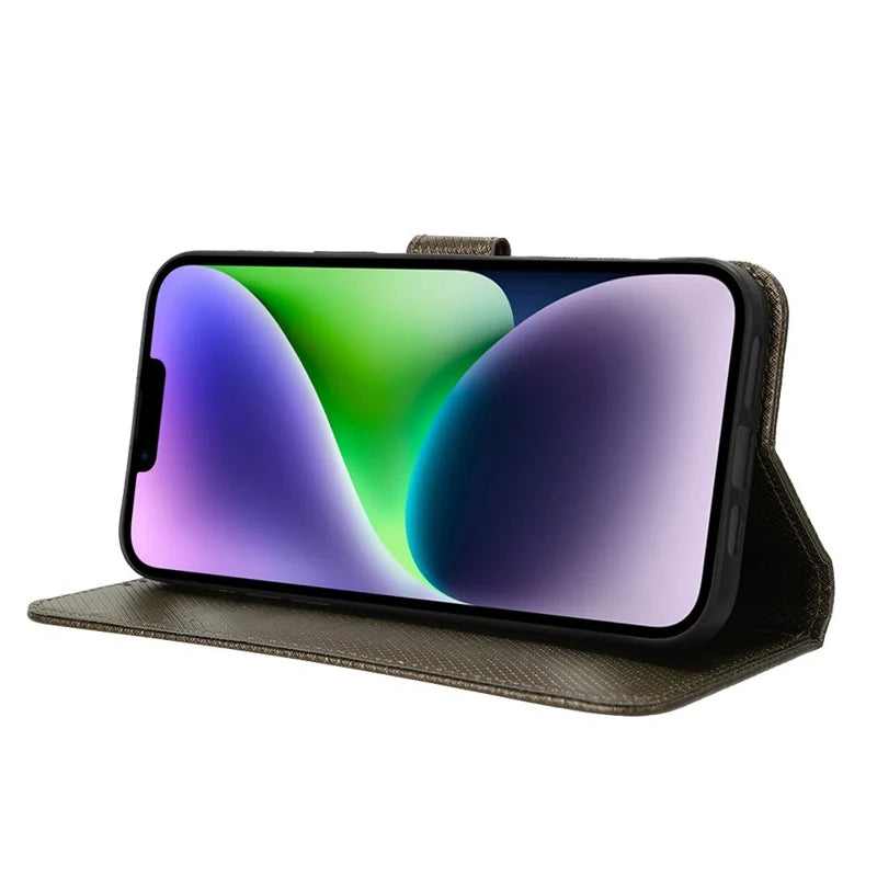 For iPhone 14 Max 6.7 inch Full Protection Diamond Texture Wallet Leather Case Stand Shockproof Phone Cover with Magnetic Clasp - Brown