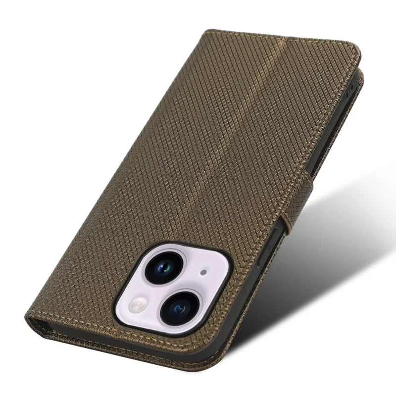 For iPhone 14 Max 6.7 inch Full Protection Diamond Texture Wallet Leather Case Stand Shockproof Phone Cover with Magnetic Clasp - Brown