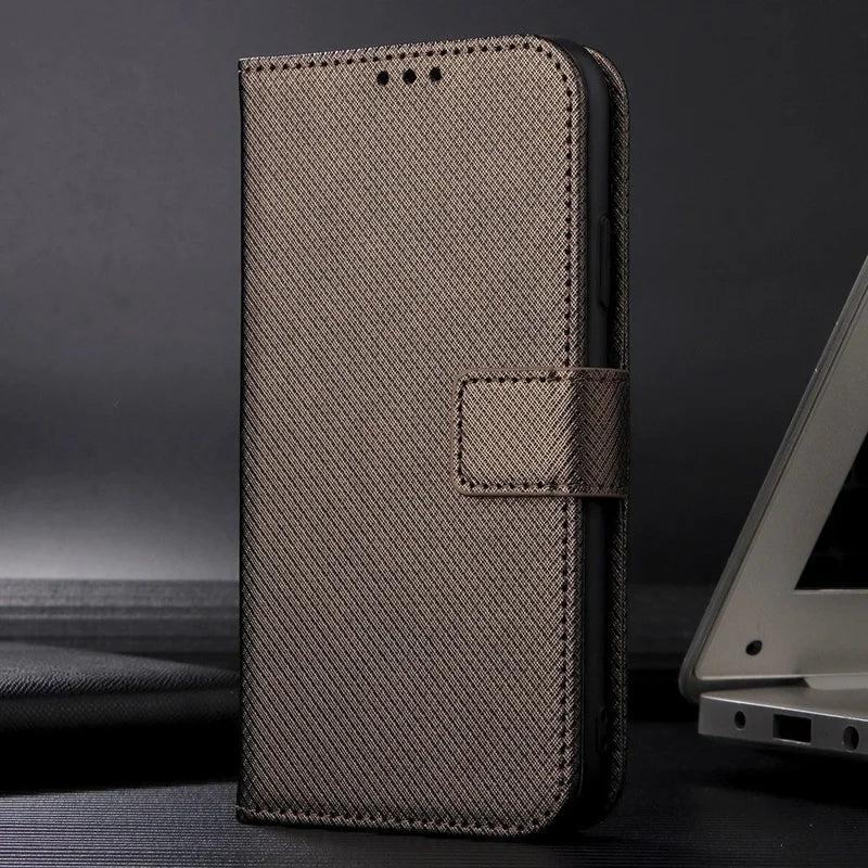 For iPhone 14 Max 6.7 inch Full Protection Diamond Texture Wallet Leather Case Stand Shockproof Phone Cover with Magnetic Clasp - Brown